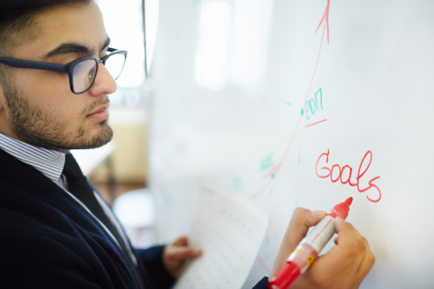 Imagen de persona escribiendo metas en una pizarra.