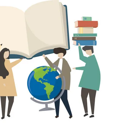 Personas mostrando un libro y un globo terráqueo