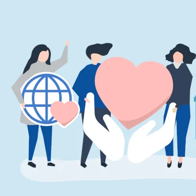 Personas animadas con corazones y un mundo